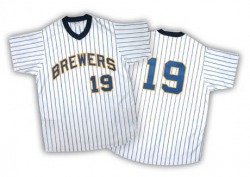 Robin Yount Milwaukee Brewers Men's Replica White/ Strip Throwback Jersey - Blue